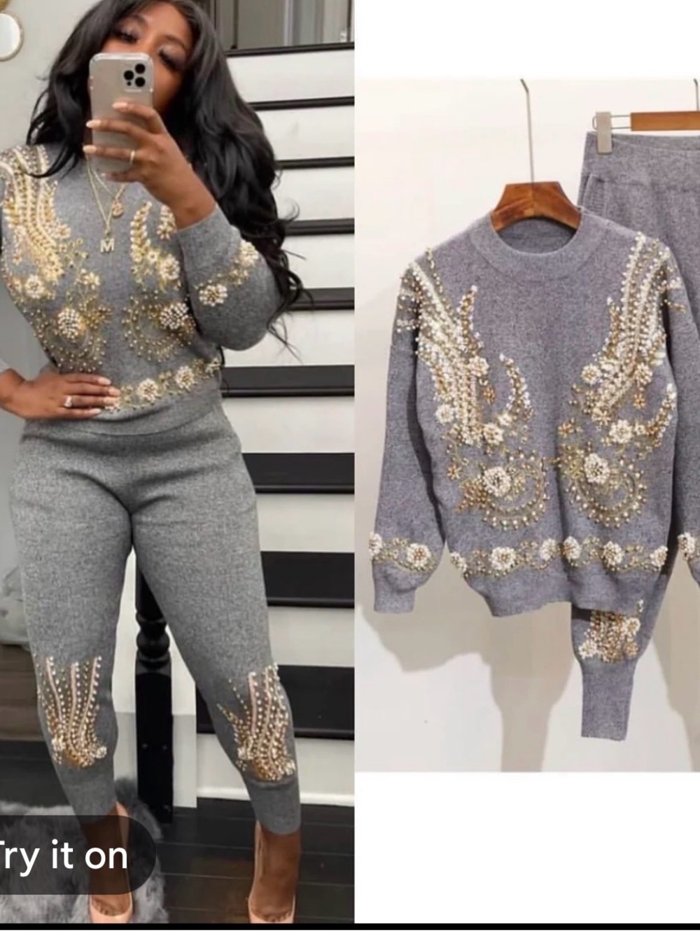 Embellished Grey Knit Sweater & Jogger Set